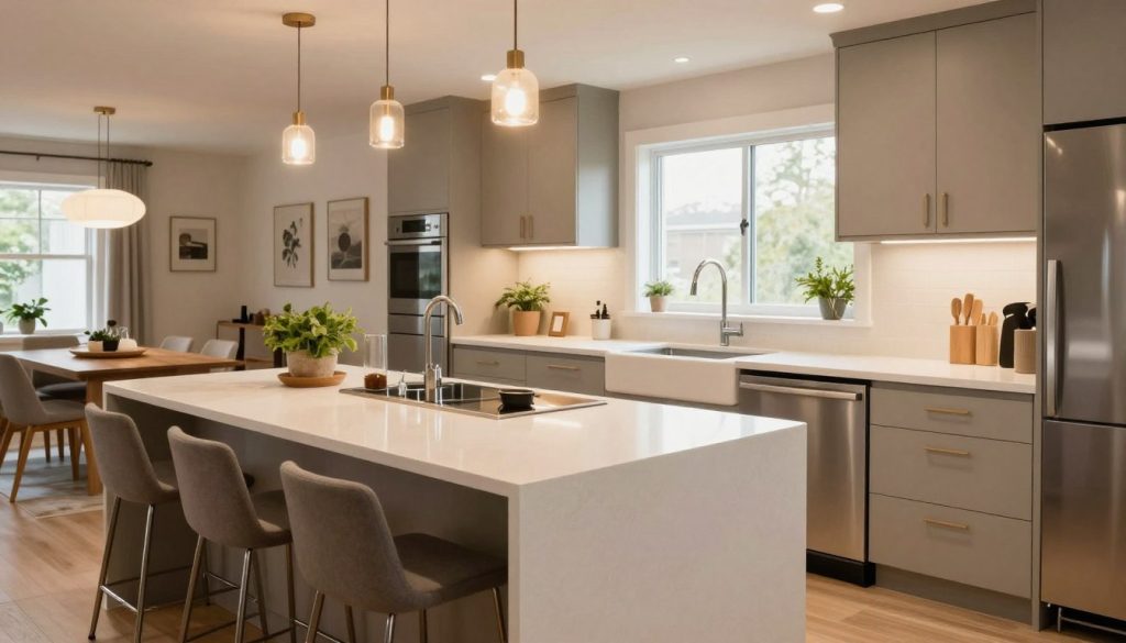 A contemporary kitchen remodel showcasing an open and inviting layout. In the foreground, an elegantly designed kitchen island features white quartz countertops and sleek bar stools. The middle layer displays modern cabinetry with a minimalist aesthetic, featuring soft-close drawers and stainless steel appliances. A stylish sink is placed near a large window, allowing natural light to flood the space. In the background, tastefully chosen decor elements, such as potted herbs and chic lighting fixtures, enhance the atmosphere. The kitchen should be bathed in warm, ambient light, creating a cozy and functional vibe. Use a wide-angle lens perspective to capture the entire space, emphasizing organization and flow. Aim for a mood that inspires creativity and comfort in cooking.