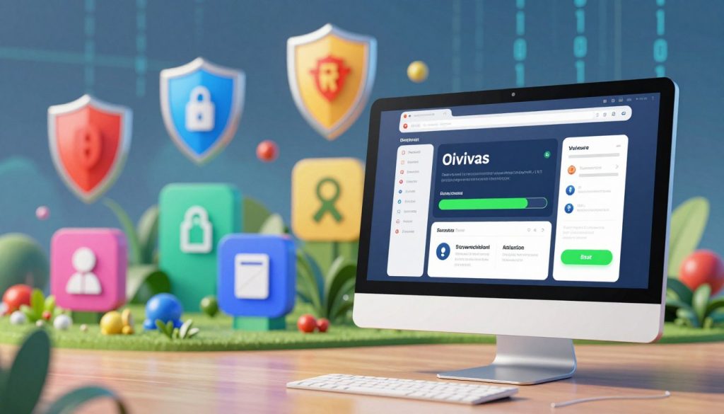 A digital illustration showcasing the essential features of top antivirus programs. In the foreground, depict a sleek, modern computer monitor displaying essential antivirus interface elements like a virus scan progress bar and security alerts. In the middle ground, include a variety of icons representing key features like firewall protection, malware detection, and a user-friendly dashboard, rendered in vibrant colors. In the background, show a digital landscape filled with abstract representations of cybersecurity, such as shield symbols and binary code flowing, creating a high-tech atmosphere. The lighting should be soft yet bright, hinting at safety and security, with a focusing lens effect that draws attention to the monitor. The overall mood conveys reliability and professionalism, ideal for educating users on antivirus solutions. A digital illustration showcasing the essential features of top antivirus programs. In the foreground, depict a sleek, modern computer monitor displaying essential antivirus interface elements like a virus scan progress bar and security alerts. In the middle ground, include a variety of icons representing key features like firewall protection, malware detection, and a user-friendly dashboard, rendered in vibrant colors. In the background, show a digital landscape filled with abstract representations of cybersecurity, such as shield symbols and binary code flowing, creating a high-tech atmosphere. The lighting should be soft yet bright, hinting at safety and security, with a focusing lens effect that draws attention to the monitor. The overall mood conveys reliability and professionalism, ideal for educating users on antivirus solutions.