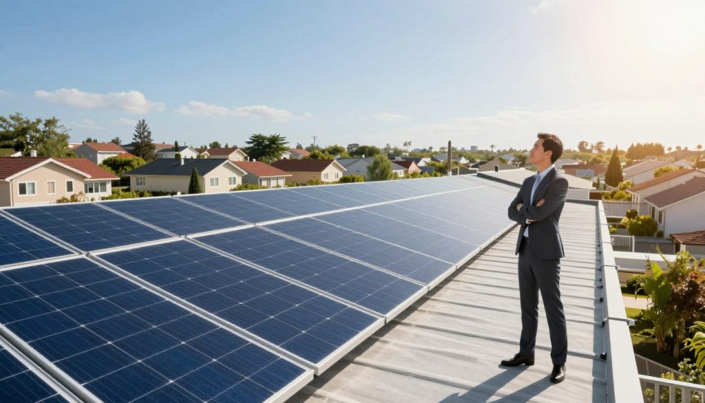 A large array of solar panels installed on a sleek rooftop, angled towards the sun, with a clear blue sky in the background. In the foreground, a person in professional business attire stands with arms crossed, looking thoughtfully towards the solar panels, symbolizing investment and financial savings. The middle ground features a suburban neighborhood with similar rooftops and greenery, emphasizing sustainability and community. Bright, warm sunlight casts soft shadows, creating a positive and hopeful atmosphere. The image is captured with a wide-angle lens to showcase the scale of the solar panel installation, highlighting its potential impact on energy bills in homes. The mood is optimistic and forward-looking, illustrating the benefits of renewable energy. A large array of solar panels installed on a sleek rooftop, angled towards the sun, with a clear blue sky in the background. In the foreground, a person in professional business attire stands with arms crossed, looking thoughtfully towards the solar panels, symbolizing investment and financial savings. The middle ground features a suburban neighborhood with similar rooftops and greenery, emphasizing sustainability and community. Bright, warm sunlight casts soft shadows, creating a positive and hopeful atmosphere. The image is captured with a wide-angle lens to showcase the scale of the solar panel installation, highlighting its potential impact on energy bills in homes. The mood is optimistic and forward-looking, illustrating the benefits of renewable energy.