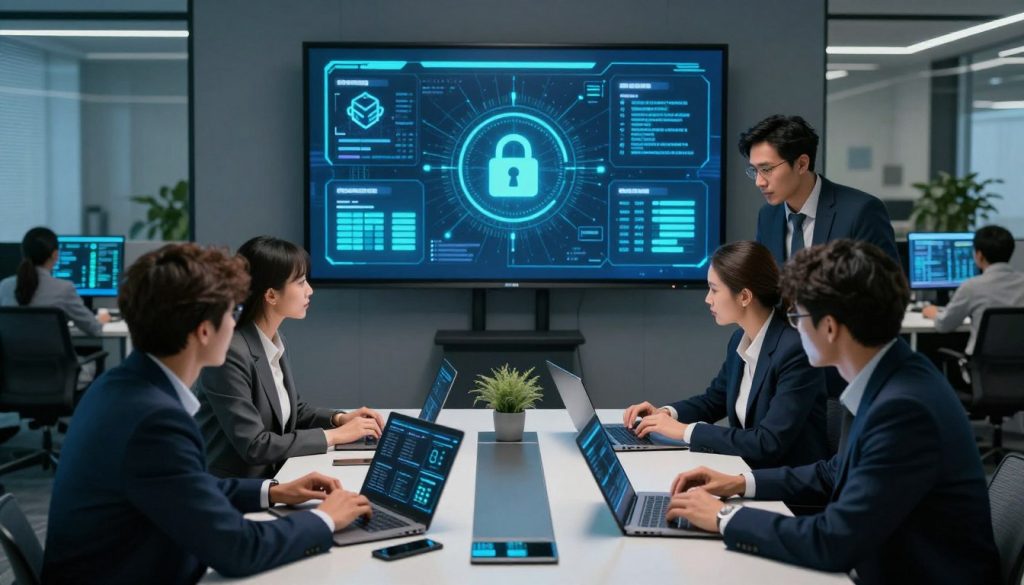 A modern office environment depicting essential cyber attack prevention strategies. In the foreground, a diverse group of professionals in smart business attire collaborate around a sleek conference table, analyzing data on laptops and tablets. The middle ground features a large screen displaying visual representations of cybersecurity measures, such as firewalls, encryption, and network monitoring. In the background, sleek office decor and technology give a high-tech feel, with subtle blue and green lighting that conveys a secure and innovative atmosphere. The angle is slightly overhead to capture both the teamwork and technological elements effectively. The overall mood is focused and proactive, emphasizing the importance of cybersecurity in today's business landscape.