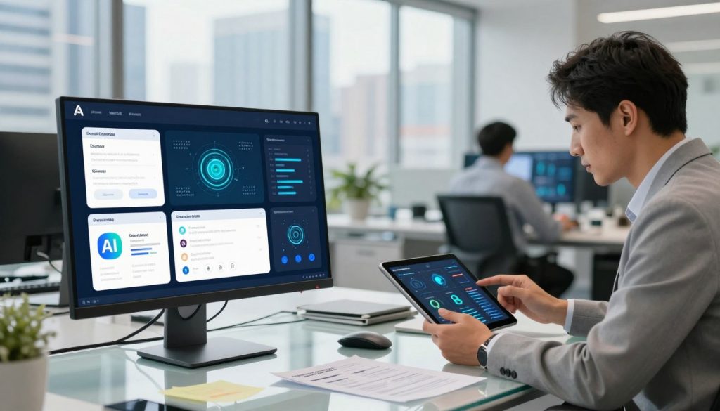 A modern office workspace highlighting essential AI tools for operational efficiency. In the foreground, a sleek computer monitor displays various AI application icons such as analytics dashboards, automation software, and machine learning models, all vividly illuminated. Beside it, a professional working in business attire studies data on a tablet, reflecting focus and determination. The middle ground features a glass desk with notes and AI strategy documents, symbolizing collaboration and innovation. In the background, large windows reveal a bustling cityscape under bright, natural light, symbolizing growth and opportunity. The atmosphere is energetic and dynamic, conveying a sense of forward-thinking and productivity in a tech-savvy business environment. A modern office workspace highlighting essential AI tools for operational efficiency. In the foreground, a sleek computer monitor displays various AI application icons such as analytics dashboards, automation software, and machine learning models, all vividly illuminated. Beside it, a professional working in business attire studies data on a tablet, reflecting focus and determination. The middle ground features a glass desk with notes and AI strategy documents, symbolizing collaboration and innovation. In the background, large windows reveal a bustling cityscape under bright, natural light, symbolizing growth and opportunity. The atmosphere is energetic and dynamic, conveying a sense of forward-thinking and productivity in a tech-savvy business environment.