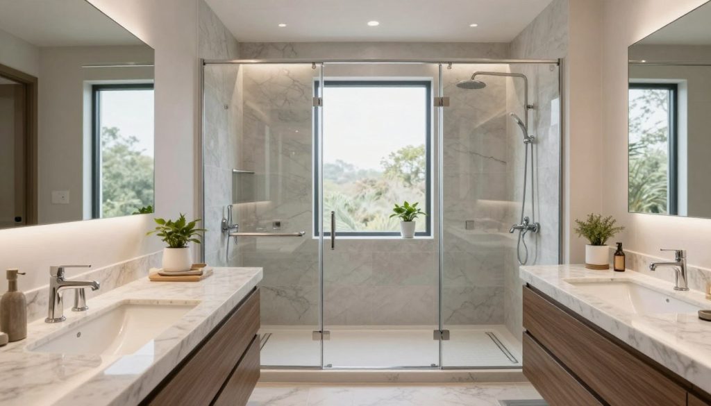A modern, stylish bathroom remodel featuring a sleek double vanity with elegant quartz countertops and contemporary faucets as the foreground. In the middle, a spacious walk-in shower with a glass enclosure and visually striking tile work, accented with recessed lighting illuminating the design. The background showcases a large window with natural light pouring in, enhancing the airy atmosphere, and potted plants for a touch of greenery. The color palette includes soft whites, grays, and wooden accents for a warm yet sophisticated feel. The overall mood is one of tranquility and luxury, inviting viewers to envision their dream renovation. The scene is shot from a slightly elevated angle, providing an expansive view of the transformed space. No people present in the image. A modern, stylish bathroom remodel featuring a sleek double vanity with elegant quartz countertops and contemporary faucets as the foreground. In the middle, a spacious walk-in shower with a glass enclosure and visually striking tile work, accented with recessed lighting illuminating the design. The background showcases a large window with natural light pouring in, enhancing the airy atmosphere, and potted plants for a touch of greenery. The color palette includes soft whites, grays, and wooden accents for a warm yet sophisticated feel. The overall mood is one of tranquility and luxury, inviting viewers to envision their dream renovation. The scene is shot from a slightly elevated angle, providing an expansive view of the transformed space. No people present in the image.
