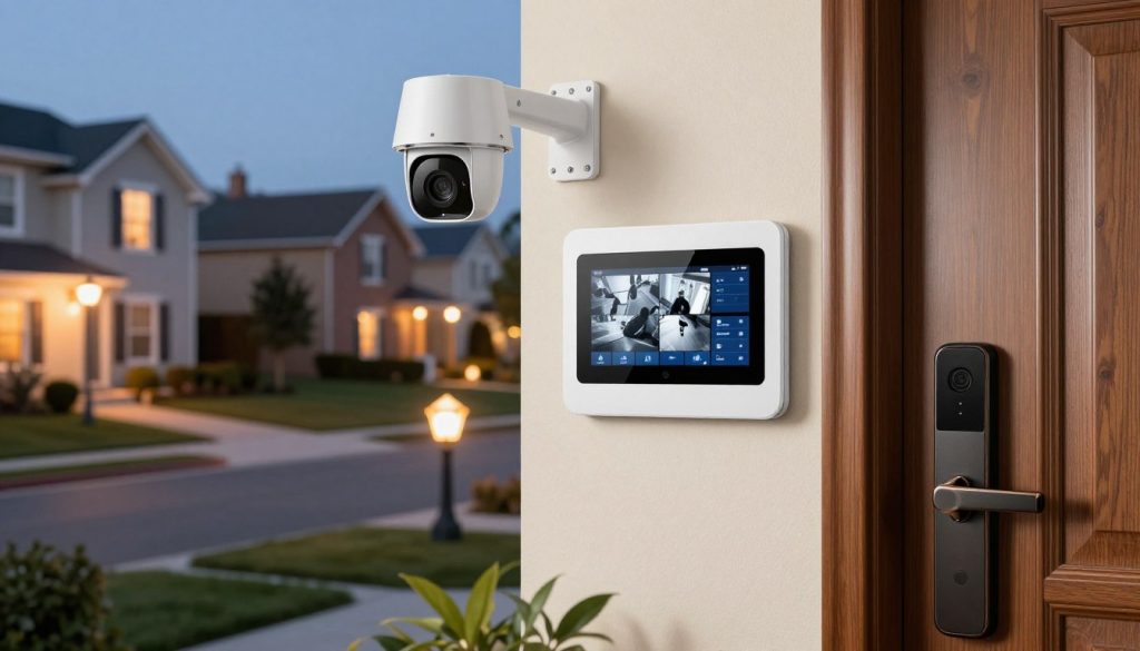 A modern, well-equipped home security system. In the foreground, a sleek security camera mounted on a wall, showcasing a high-tech design. In the middle ground, a digital control panel displaying surveillance footage and settings; nearby, a smart lock on an elegant wooden door. In the background, a tranquil suburban neighborhood at dusk, with warm ambient lighting from street lamps and the soft glow of lights in homes. The atmosphere evokes a sense of safety and community. The image should capture a sharp focus on the security components, with a shallow depth of field to subtly blur the neighborhood, enhancing the feeling of modernity and security. The lighting is soft but clear, emphasizing the reliability of the security system. A modern, well-equipped home security system. In the foreground, a sleek security camera mounted on a wall, showcasing a high-tech design. In the middle ground, a digital control panel displaying surveillance footage and settings; nearby, a smart lock on an elegant wooden door. In the background, a tranquil suburban neighborhood at dusk, with warm ambient lighting from street lamps and the soft glow of lights in homes. The atmosphere evokes a sense of safety and community. The image should capture a sharp focus on the security components, with a shallow depth of field to subtly blur the neighborhood, enhancing the feeling of modernity and security. The lighting is soft but clear, emphasizing the reliability of the security system.