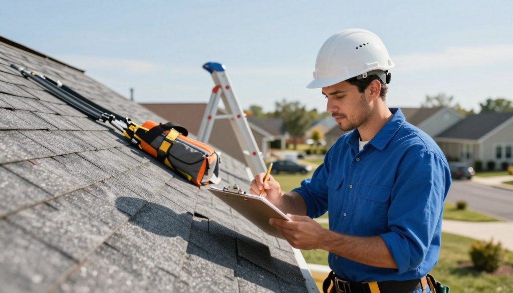 A skilled roofing professional in a blue shirt and hard hat is inspecting a residential roof covered with gray shingles. The foreground showcases the roofer holding a clipboard and pencil, demonstrating a focused and knowledgeable expression. In the middle ground, various roofing tools like a ladder, safety harness, and materials are neatly organized. The background features a clear blue sky and a suburban neighborhood, emphasizing a sense of trust and community. Soft natural lighting illuminates the scene, creating a warm and inviting atmosphere. The angle captures both the roofer's professionalism and the details of the repair work, illustrating the importance of choosing the right roof repair service.
