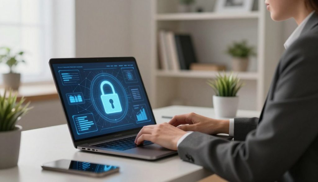 A sleek, modern home office setting featuring a professional individual in business attire sitting at a desk, using a laptop. Focus on the screen displaying animated graphics of a virtual private network, emphasizing connectivity and online security. The foreground shows a digital padlock symbol to symbolize privacy. In the middle ground, a subtle glow emanates from the laptop, enhancing a feeling of innovation and safety. The background can include a softly lit, minimalistic bookshelf and potted plants to create a calm and inviting atmosphere, with gentle ambient lighting to add warmth. The composition should be slightly angled to capture the depth and high-tech feel of the space, instilling a sense of trust and reliability associated with using a VPN for online privacy. A sleek, modern home office setting featuring a professional individual in business attire sitting at a desk, using a laptop. Focus on the screen displaying animated graphics of a virtual private network, emphasizing connectivity and online security. The foreground shows a digital padlock symbol to symbolize privacy. In the middle ground, a subtle glow emanates from the laptop, enhancing a feeling of innovation and safety. The background can include a softly lit, minimalistic bookshelf and potted plants to create a calm and inviting atmosphere, with gentle ambient lighting to add warmth. The composition should be slightly angled to capture the depth and high-tech feel of the space, instilling a sense of trust and reliability associated with using a VPN for online privacy.