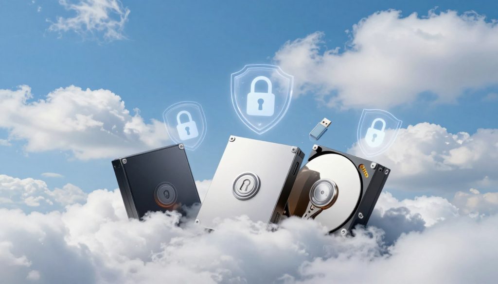 A visually striking representation of cloud storage, with a vibrant blue sky full of fluffy white clouds in the background, symbolizing data in the cloud. In the foreground, elegantly designed digital storage devices, such as shiny hard drives and sleek USB sticks, are half-buried in a soft layer of clouds, connecting the idea of physical and cloud data storage. The middle ground features transparent, futuristic icons representing security—like locks and shields—floating around the storage devices. Use soft, diffused lighting to create an uplifting atmosphere, emphasizing the security and safety of stored data. The angle should be slightly tilted upward, giving a sense of ascending towards safety in the digital realm. No text or overlays present. A visually striking representation of cloud storage, with a vibrant blue sky full of fluffy white clouds in the background, symbolizing data in the cloud. In the foreground, elegantly designed digital storage devices, such as shiny hard drives and sleek USB sticks, are half-buried in a soft layer of clouds, connecting the idea of physical and cloud data storage. The middle ground features transparent, futuristic icons representing security—like locks and shields—floating around the storage devices. Use soft, diffused lighting to create an uplifting atmosphere, emphasizing the security and safety of stored data. The angle should be slightly tilted upward, giving a sense of ascending towards safety in the digital realm. No text or overlays present.